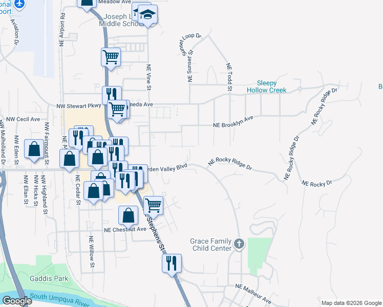 map of restaurants, bars, coffee shops, grocery stores, and more near 831 Northeast Garden Valley Boulevard in Roseburg