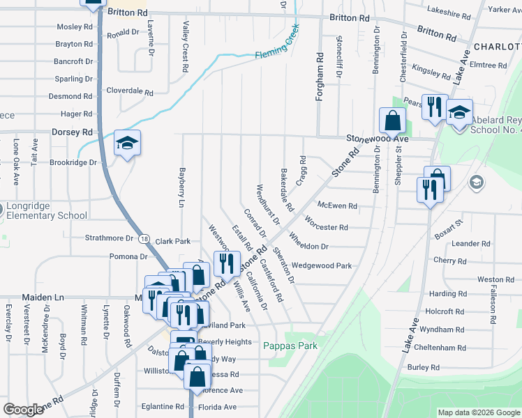 map of restaurants, bars, coffee shops, grocery stores, and more near 39 Conrad Drive in Rochester