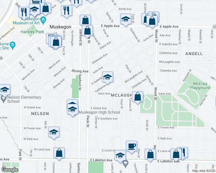 map of restaurants, bars, coffee shops, grocery stores, and more near 125 Catherine Avenue in Muskegon