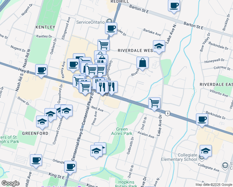 map of restaurants, bars, coffee shops, grocery stores, and more near in Hamilton