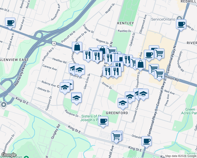 map of restaurants, bars, coffee shops, grocery stores, and more near 4 Flora Drive in Hamilton