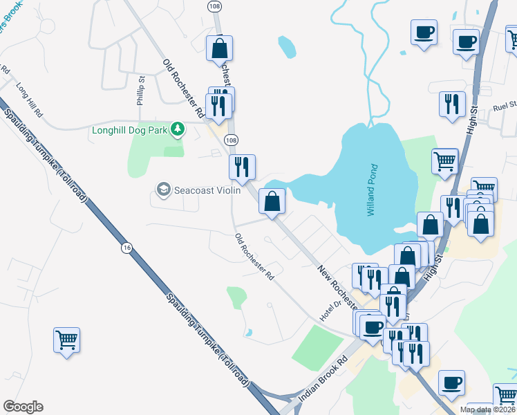 map of restaurants, bars, coffee shops, grocery stores, and more near 56 New Rochester Road in Dover
