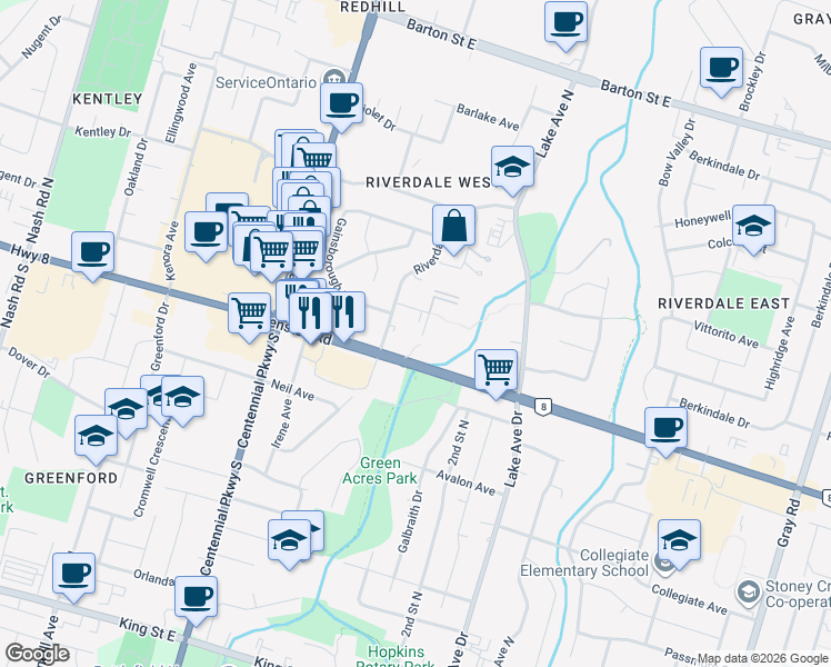 map of restaurants, bars, coffee shops, grocery stores, and more near 36 Glenburn Court in Hamilton