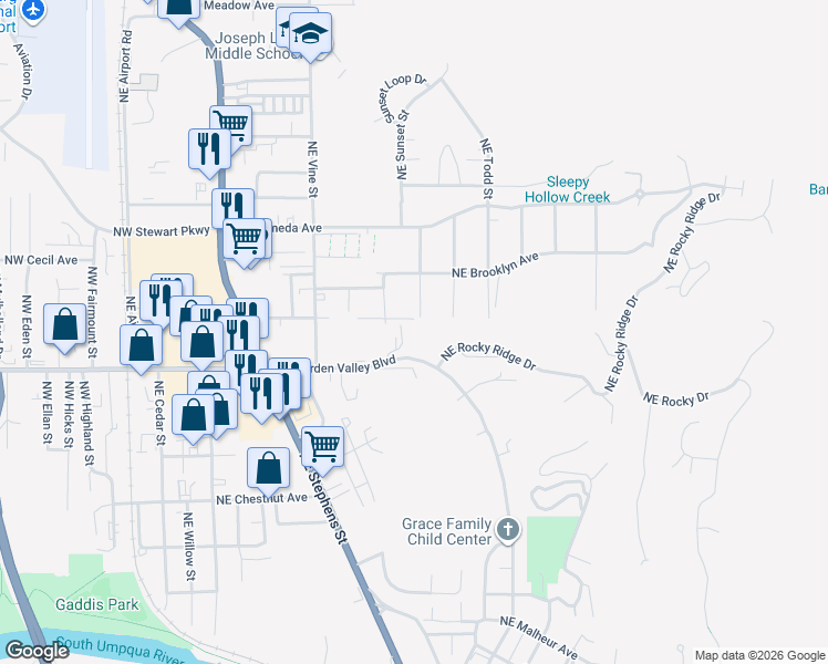 map of restaurants, bars, coffee shops, grocery stores, and more near 885 Northeast Sunset Street in Roseburg