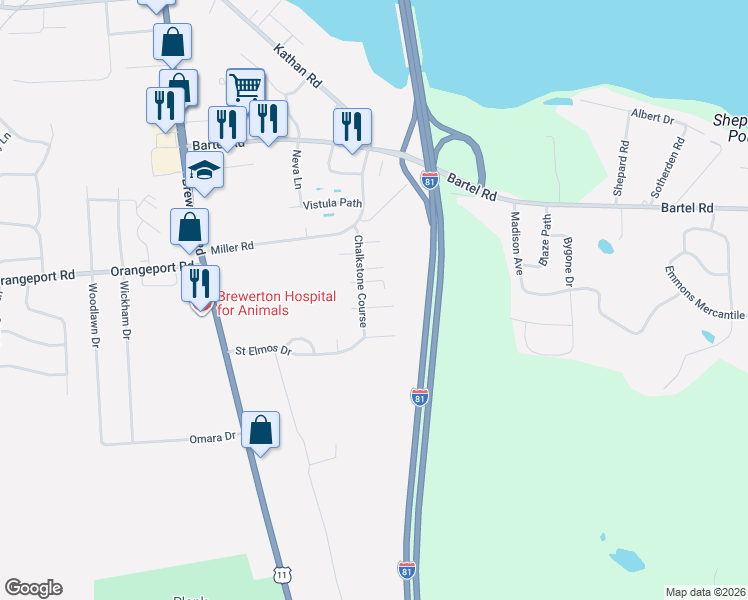 map of restaurants, bars, coffee shops, grocery stores, and more near 9445 Chalkstone Course in Brewerton