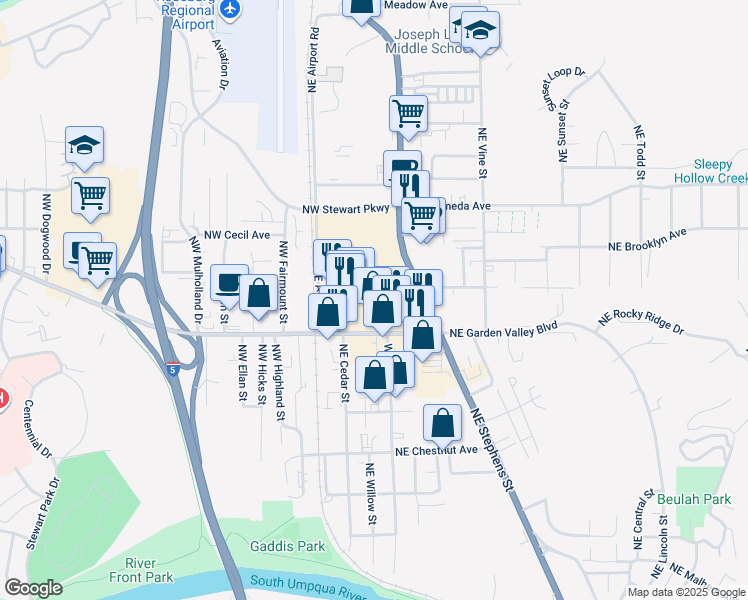 map of restaurants, bars, coffee shops, grocery stores, and more near 371 Northeast Willow Street in Roseburg