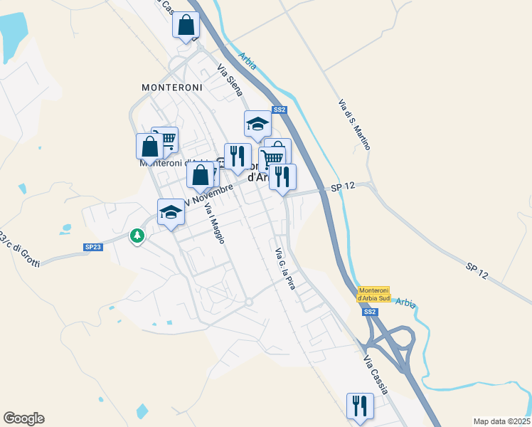 map of restaurants, bars, coffee shops, grocery stores, and more near 1 Via della Repubblica in Monteroni d'Arbia