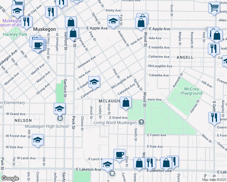 map of restaurants, bars, coffee shops, grocery stores, and more near 1352 Terrace Street in Muskegon