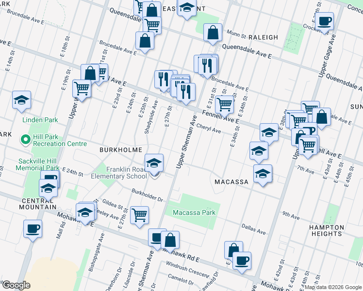 map of restaurants, bars, coffee shops, grocery stores, and more near 658 Upper Sherman Avenue in Hamilton