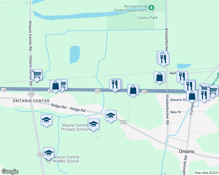 map of restaurants, bars, coffee shops, grocery stores, and more near 1785 New York 104 in Ontario