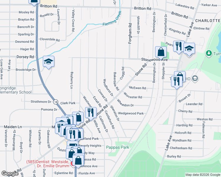 map of restaurants, bars, coffee shops, grocery stores, and more near 67 Bakerdale Road in Rochester