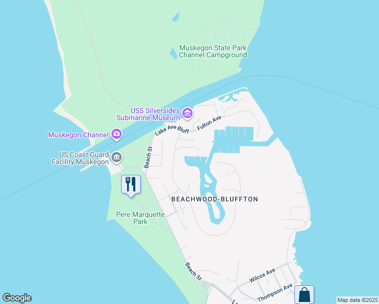 map of restaurants, bars, coffee shops, grocery stores, and more near 3708 Channel View Point in Muskegon