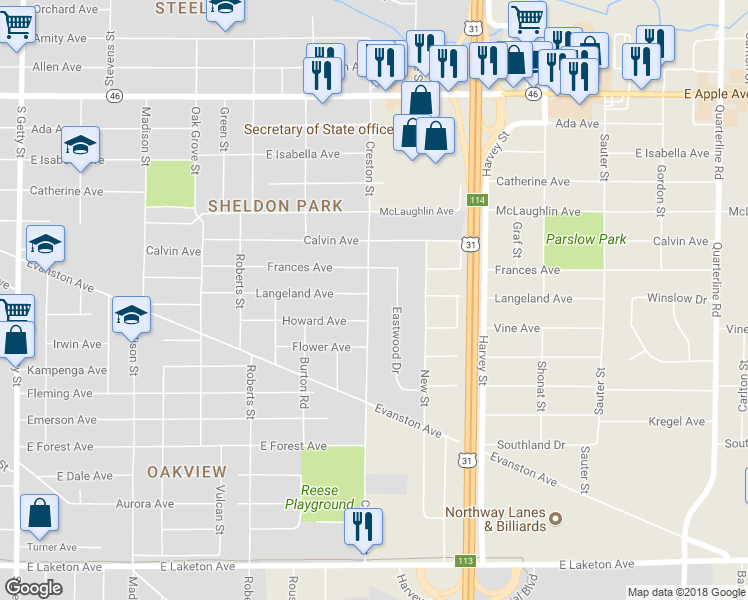 map of restaurants, bars, coffee shops, grocery stores, and more near 1344 Creston Street in Muskegon