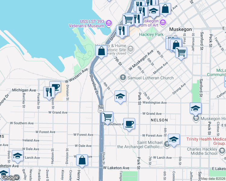 map of restaurants, bars, coffee shops, grocery stores, and more near 589 West Muskegon Avenue in Muskegon