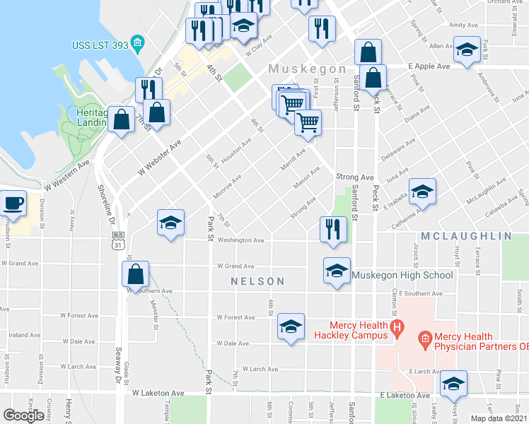 map of restaurants, bars, coffee shops, grocery stores, and more near 293 Mason Avenue in Muskegon