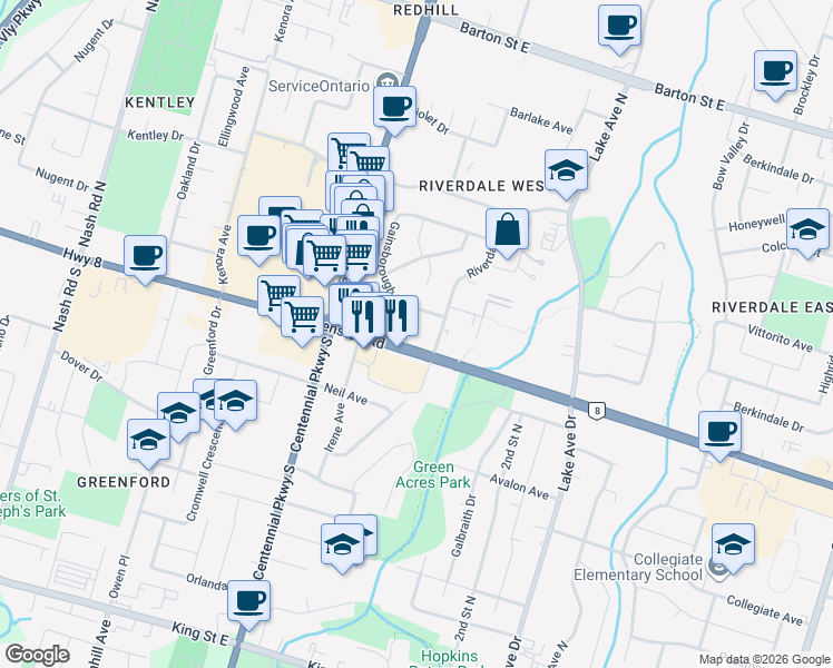 map of restaurants, bars, coffee shops, grocery stores, and more near 16 Scott Street in Hamilton