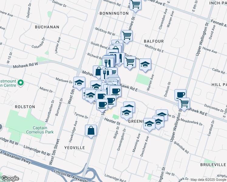 map of restaurants, bars, coffee shops, grocery stores, and more near 833 Upper James Street in Hamilton
