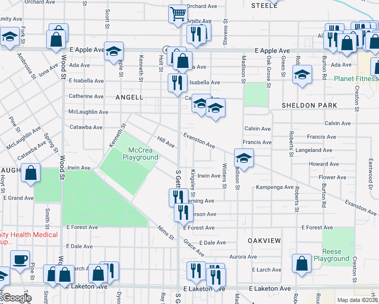 map of restaurants, bars, coffee shops, grocery stores, and more near 861 Evanston Avenue in Muskegon