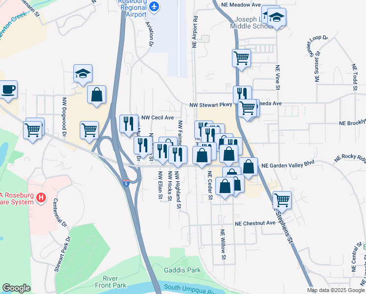 map of restaurants, bars, coffee shops, grocery stores, and more near 1533 Northwest Fairmount Street in Roseburg