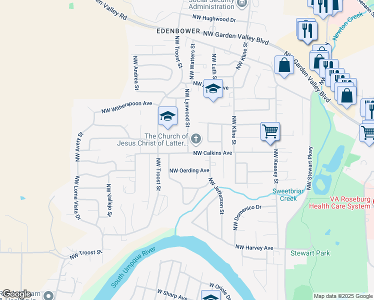 map of restaurants, bars, coffee shops, grocery stores, and more near 1667 Northwest Lynwood Street in Roseburg