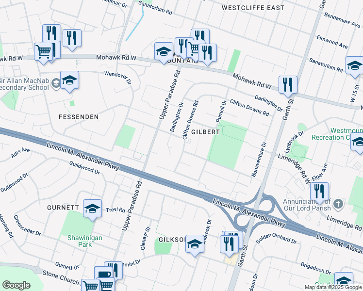 map of restaurants, bars, coffee shops, grocery stores, and more near 105 Clifton Downs Road in Hamilton