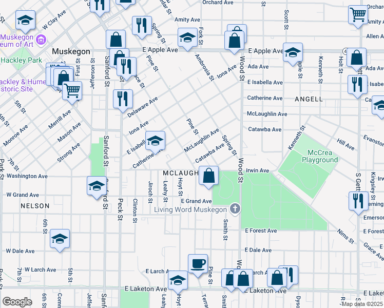 map of restaurants, bars, coffee shops, grocery stores, and more near 1352 Terrace Street in Muskegon