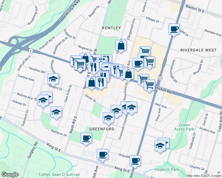 map of restaurants, bars, coffee shops, grocery stores, and more near 44 Clapham Road in Hamilton