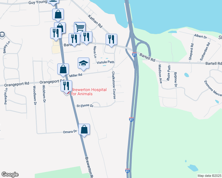 map of restaurants, bars, coffee shops, grocery stores, and more near 9449 Chalkstone Course in Brewerton