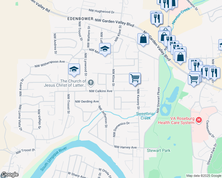 map of restaurants, bars, coffee shops, grocery stores, and more near 1653 Northwest Wanell Street in Roseburg