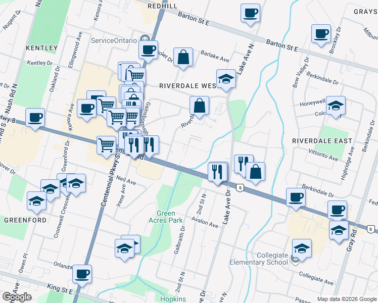 map of restaurants, bars, coffee shops, grocery stores, and more near 70 Glenburn Court in Hamilton
