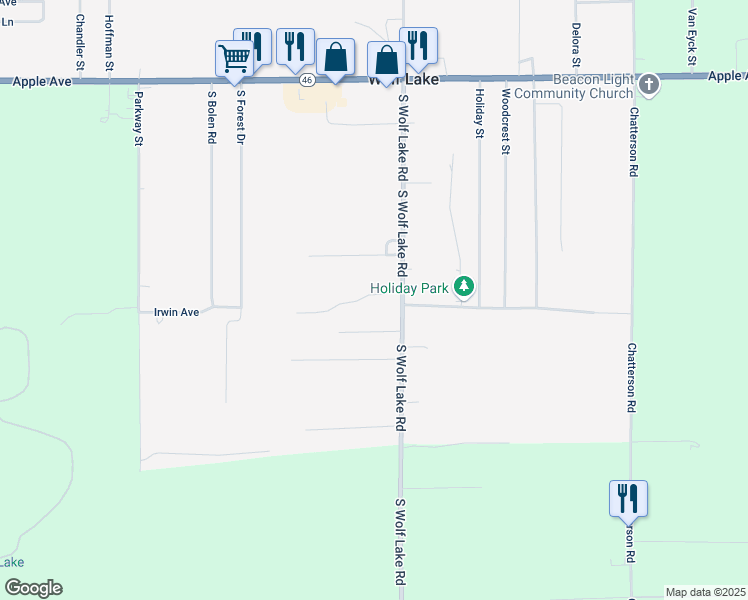 map of restaurants, bars, coffee shops, grocery stores, and more near 1361 South Wolf Lake Road in Muskegon