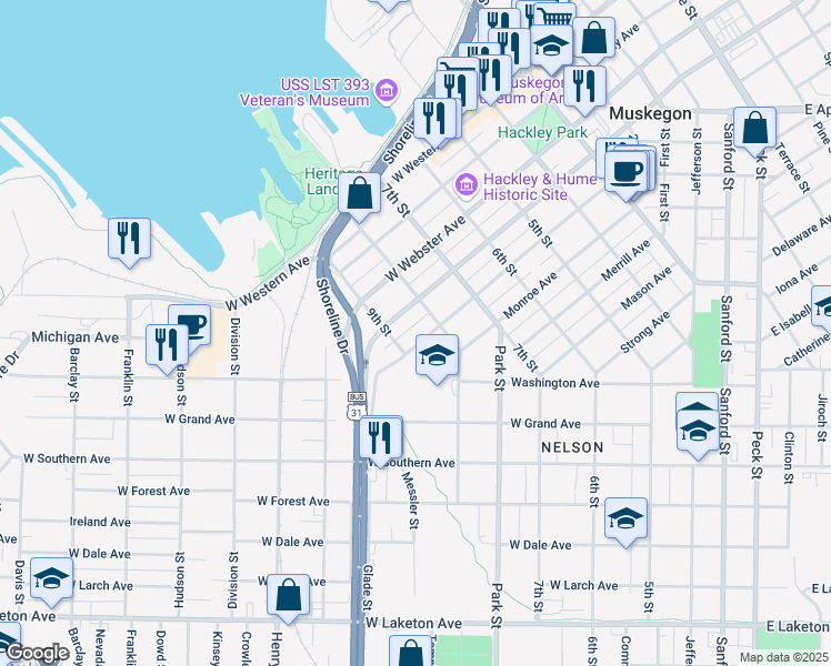 map of restaurants, bars, coffee shops, grocery stores, and more near 589 West Muskegon Avenue in Muskegon