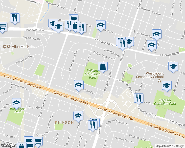 map of restaurants, bars, coffee shops, grocery stores, and more near 200 Bonaventure Drive in Hamilton