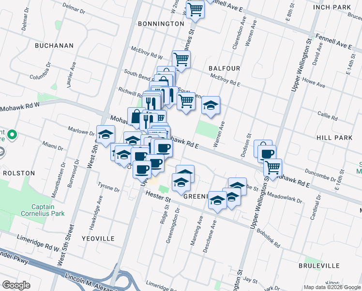 map of restaurants, bars, coffee shops, grocery stores, and more near 46 Mohawk Road East in Hamilton