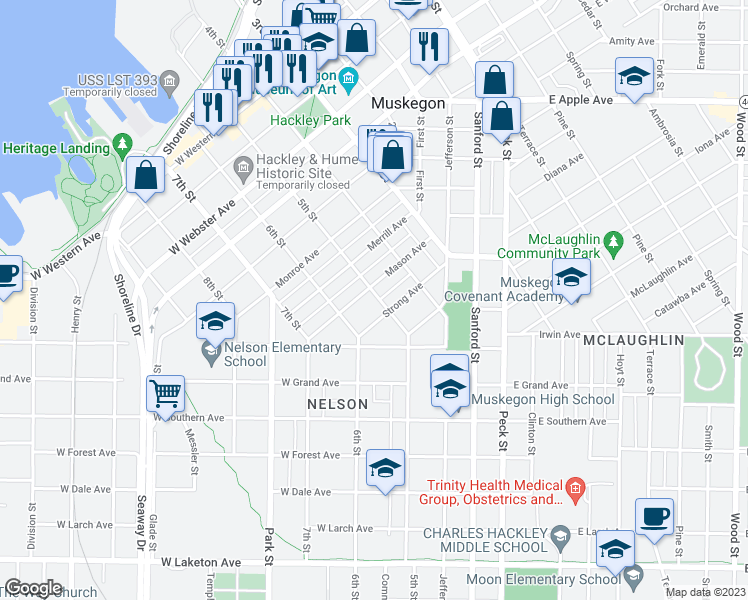 map of restaurants, bars, coffee shops, grocery stores, and more near 1335 5th Street in Muskegon