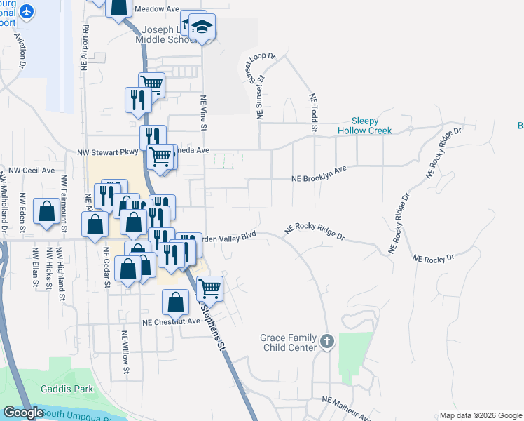 map of restaurants, bars, coffee shops, grocery stores, and more near 1530 Northeast Morris Street in Roseburg