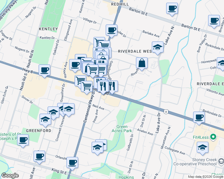 map of restaurants, bars, coffee shops, grocery stores, and more near 16 Scott Street in Hamilton