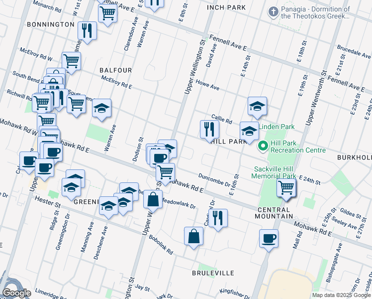 map of restaurants, bars, coffee shops, grocery stores, and more near 857 Upper Wellington Street in Hamilton