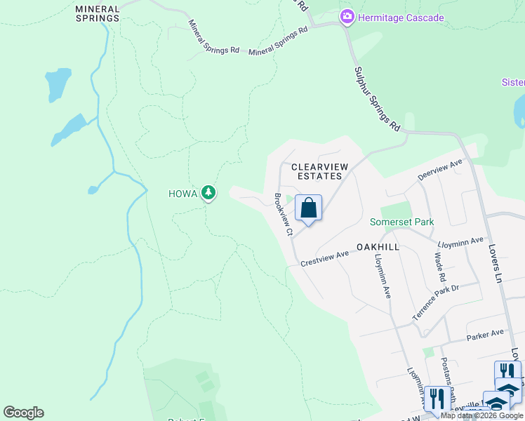 map of restaurants, bars, coffee shops, grocery stores, and more near 6 Ridgeview Court in Hamilton