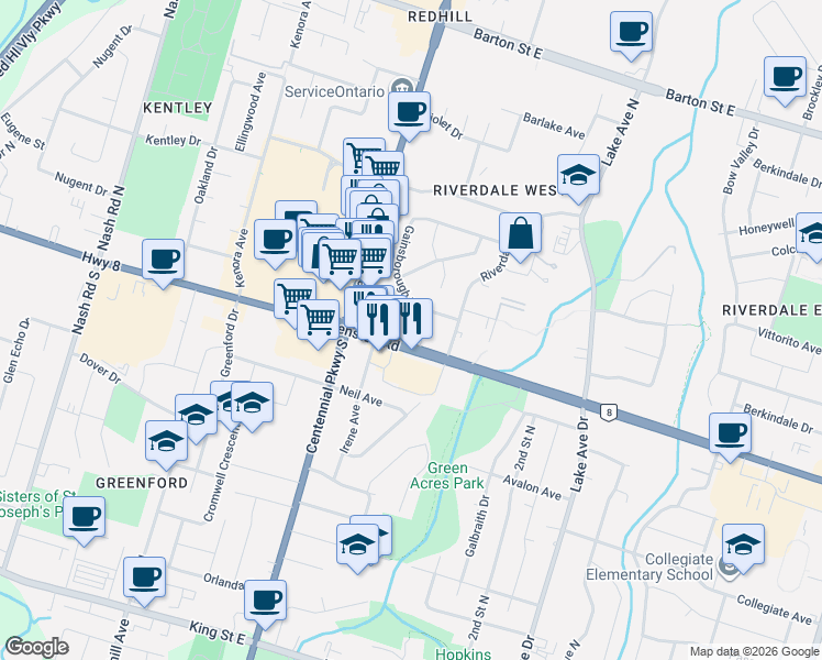 map of restaurants, bars, coffee shops, grocery stores, and more near 16 Scott Street in Hamilton