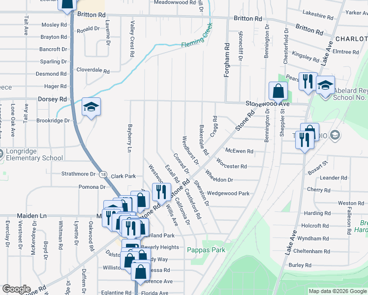 map of restaurants, bars, coffee shops, grocery stores, and more near 101 Wendhurst Drive in Rochester