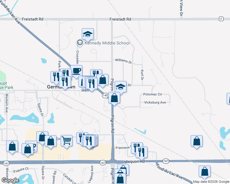 map of restaurants, bars, coffee shops, grocery stores, and more near N116W15515 Roberts Drive in Germantown