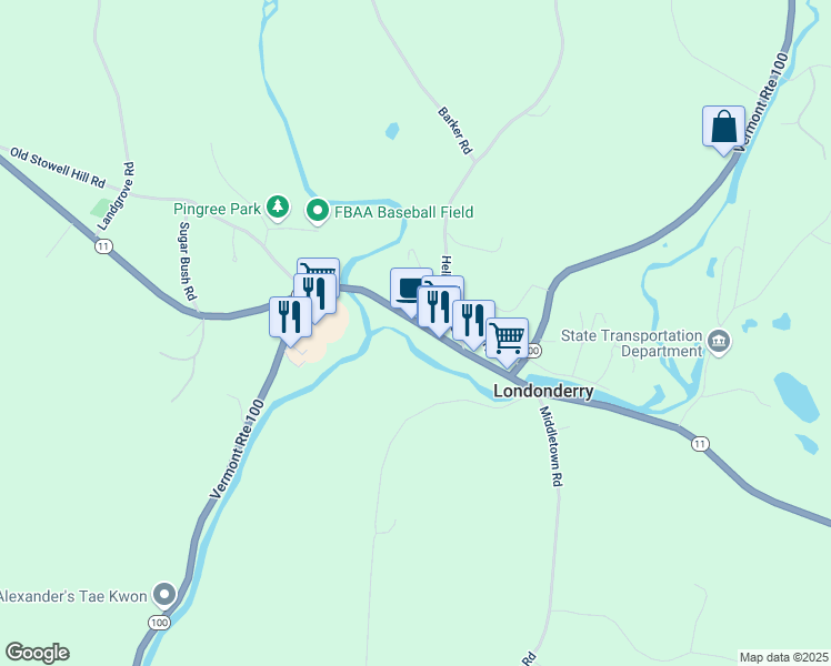 map of restaurants, bars, coffee shops, grocery stores, and more near 2116 North Main Street in Londonderry