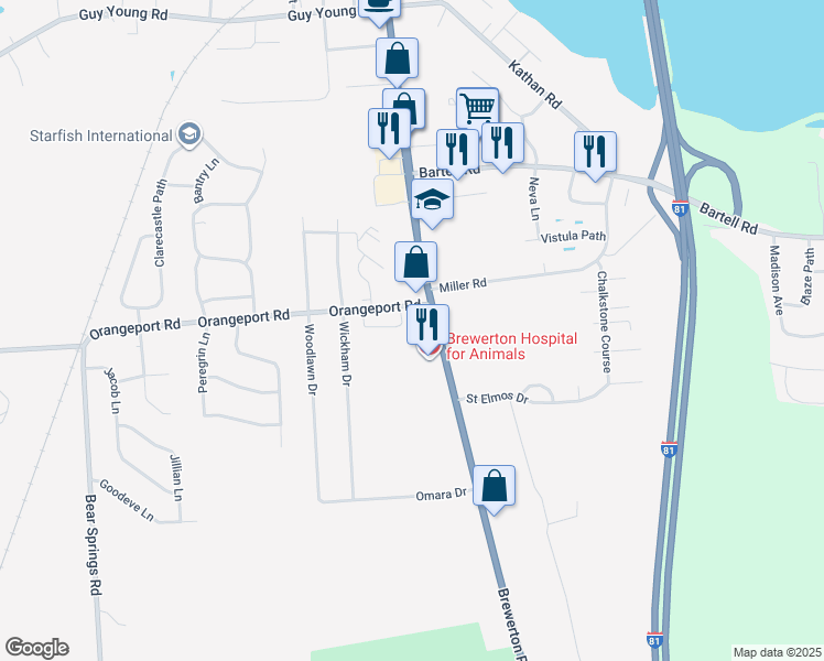 map of restaurants, bars, coffee shops, grocery stores, and more near 5472 Orangeport Road in Brewerton