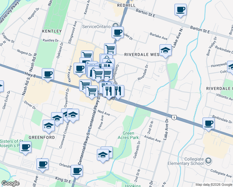 map of restaurants, bars, coffee shops, grocery stores, and more near 831 Queenston Road in Hamilton