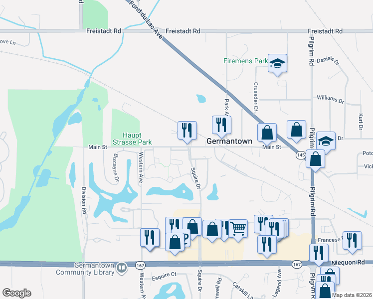 map of restaurants, bars, coffee shops, grocery stores, and more near N116W16522 Main Street in Germantown