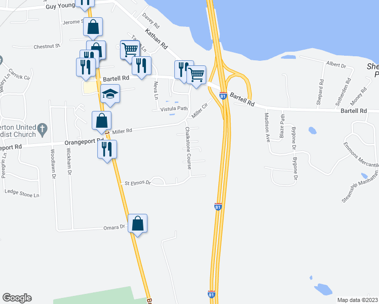 map of restaurants, bars, coffee shops, grocery stores, and more near 9446 Chalkstone Course in Brewerton