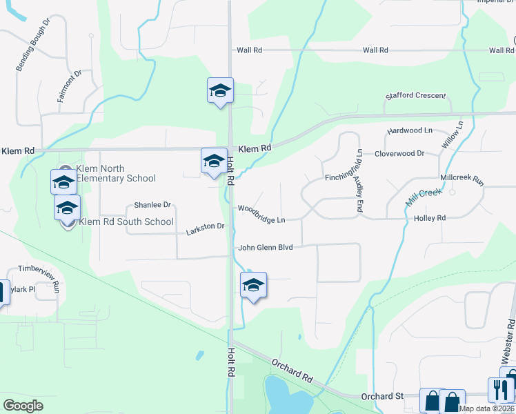 map of restaurants, bars, coffee shops, grocery stores, and more near 1136 Woodbridge Lane in Webster