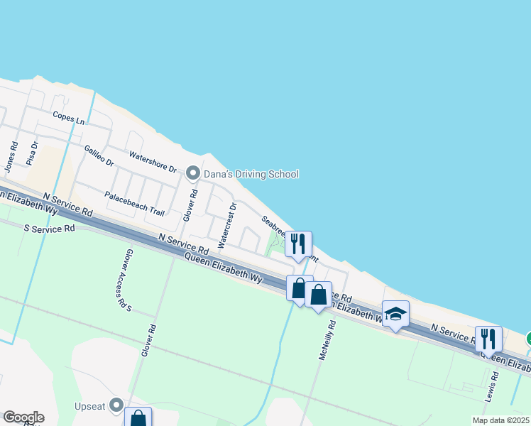map of restaurants, bars, coffee shops, grocery stores, and more near 80 Seabreeze Crescent in Hamilton