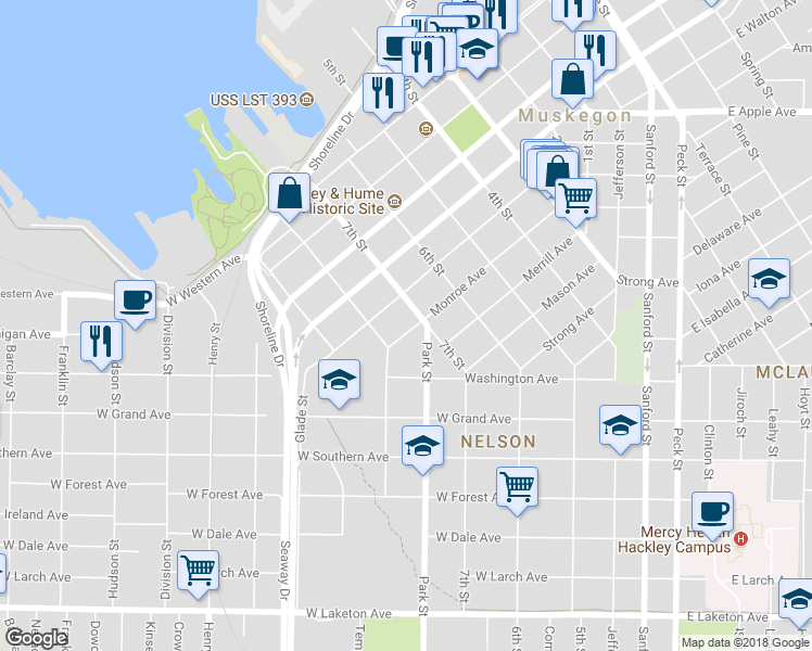 map of restaurants, bars, coffee shops, grocery stores, and more near 464 Monroe Avenue in Muskegon